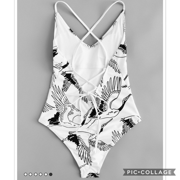 Crane Print Lace Up Back Swimsuit - Picture 2 of 7